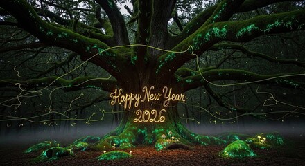 Magical Forest Tree Decorated for a Happy New Year Celebration