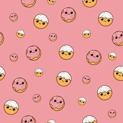 Seamless pattern illustration of cute pink and white cookies with colorful sprinkles on a pink background