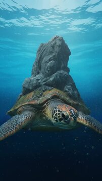 A majestic underwater mountain glows softly as radiant light rays pierce through the ocean&rsquo;s surface.