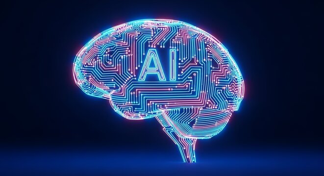 Glowing ai brain with circuit board pattern on dark blue background artificial intelligence concept