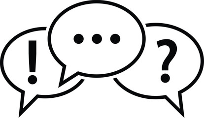 Three overlapping speech bubbles with exclamation mark question mark and dots chat conversation