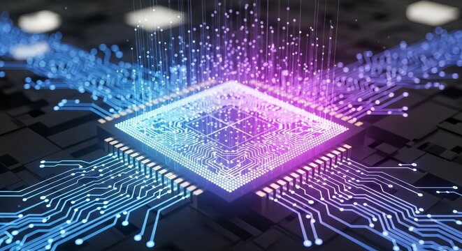 Close up of a glowing computer chip with purple and blue light and circuit board patterns around it