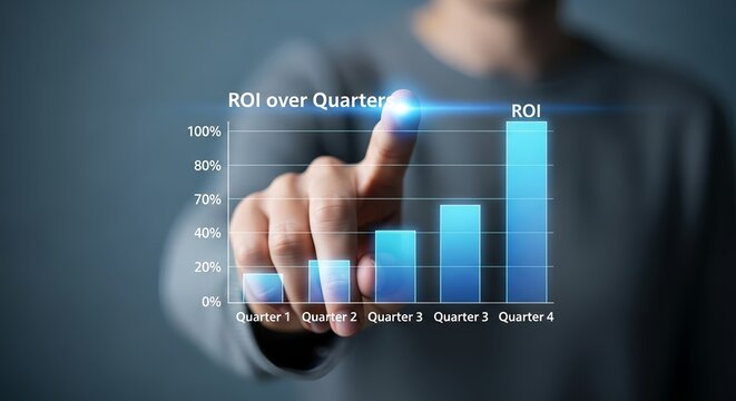 Hand pointing at roi over quarter bar graph showing business growth and financial performance metrics