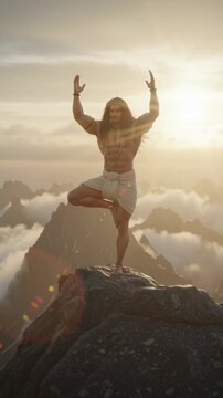A devoted yogi performing Surya Namaskar at sunrise on a mountain peak, bathed in golden light with clouds below and a radiant spiritual atmosphere.