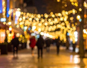 Fototapeta premium A street scene at night featuring out-of-focus golden lights overhead, with blurred figures of people walking below. The atmosphere evokes a festive feeling
