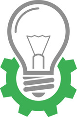 Gray light bulb icon with green gear symbol on white background cogwheel