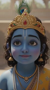 Young Lord Krishna smiling sweetly with a peacock feather adorning his hair, radiating divine charm and innocence in a serene background.