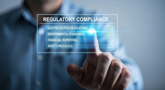 Man interacting with regulatory compliance interface on a screen with checklist items shown
