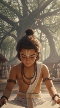 A young monk meditating peacefully beneath ancient temple arches, bathed in gentle sunlight, symbolizing inner peace and spiritual awakening.