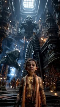 A young monk standing gracefully in a grand temple hall filled with golden light, sacred carvings, and tall pillars radiating divine peace and devotion.