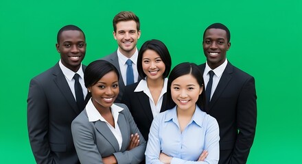 Diverse business professionals smiling and posing together in front of a green backdrop