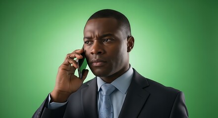 Businessman in a suit talking on a cell phone against a green background