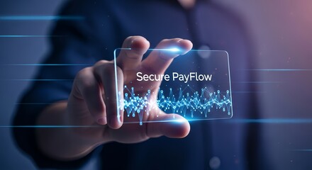 Person holding a transparent card with secure payflow text and digital waveform display on it