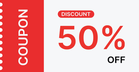 Red coupon with 50 percent discount and text coupon and discount sale fifty percent off