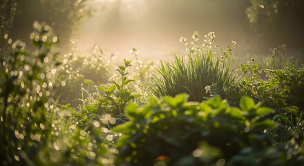 Serene Lush Green Grass Field with Dew Droplets in Morning Light Landscape