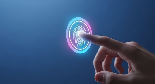 Finger touching a glowing fingerprint scan on a blue background for identification technology use case