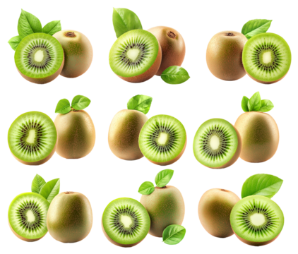 Set of kiwi fruits with vibrant green flesh and brown fuzzy skin, isolated on white transparent background.