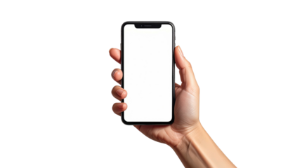 A hand holds a blank, white-screened phone against a black backdrop, suggesting display or application possibilities