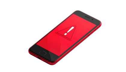 Red smartphone with alert icon displayed on the screen, isolated against a black background, at an angle