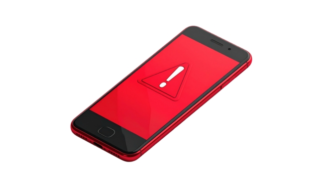 Red smartphone with alert icon displayed on the screen, isolated against a black background, at an angle