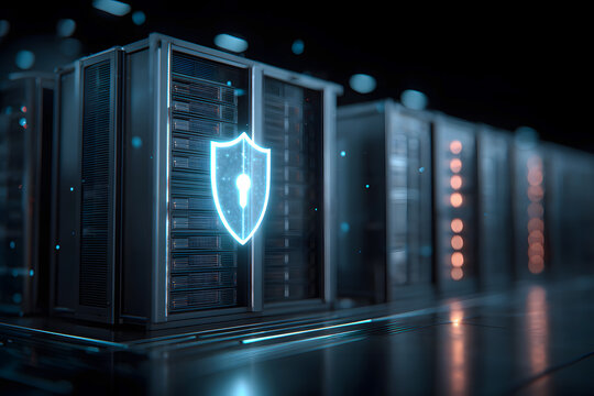 Data Server with Cyber Security Shield Icon in Dark Room
