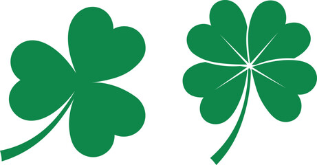 Two green shamrock and four leaf clover symbols on white background luck