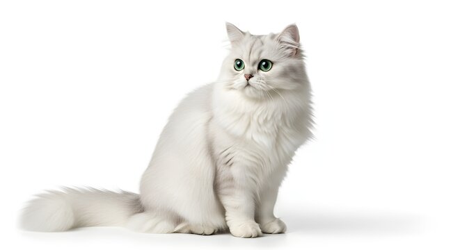 Majestic White Persian Cat Sitting Gracefully with Fluffy Tail and Shimmering Fur on a Clean White Background