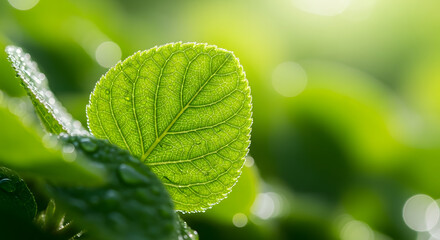 Dewy Close-up Vibrant Green Leaf Revealing Intricate Veins and Blurred Background