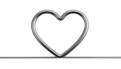 Metal heart shape formed from a bent tube resting on a horizontal line, against a stark black background