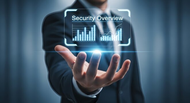 Man in suit holding security overview interface with charts and graphs in his open hand on blue
