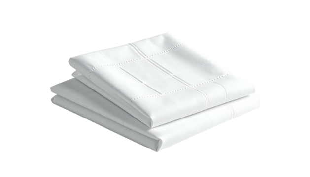 A stack of three folded white textile linens is displayed over black