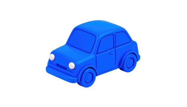 3D rendering of a small, matte blue car with white headlights isolated on a black background