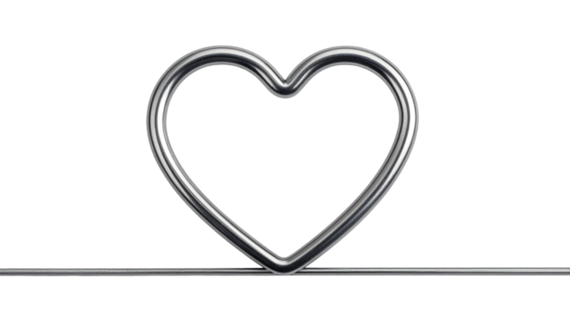 Metal heart shape formed from a bent tube resting on a horizontal line, against a stark black background