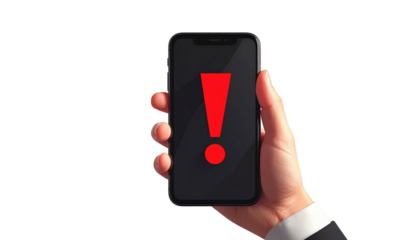 A hand holds a dark smartphone with a large, red exclamation point displayed on the screen, against a black background