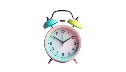 Isolated alarm clock with colorful gradient light on white face and black background