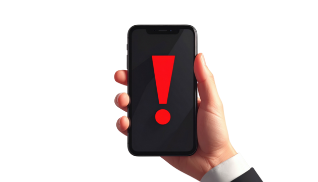 A hand holds a dark smartphone with a large, red exclamation point displayed on the screen, against a black background