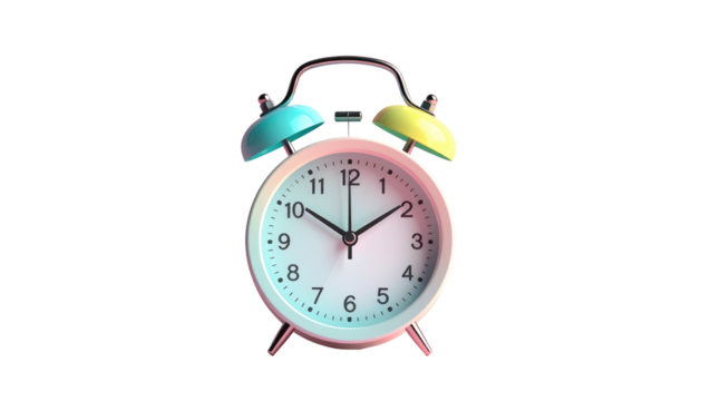 Isolated alarm clock with colorful gradient light on white face and black background