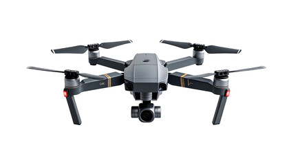 A dark gray quadcopter drone with a camera lens centered, isolated on a black background