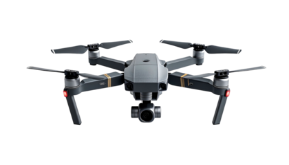 A dark gray quadcopter drone with a camera lens centered, isolated on a black background