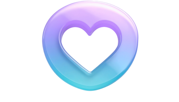 Gradient heart, hollow center. Blue, pink, purple hues. Glossy finish, smooth texture. Isolated on black