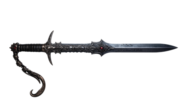 An ornate dark silver sword is presented on a black background with a curled chain hanging off the hilt