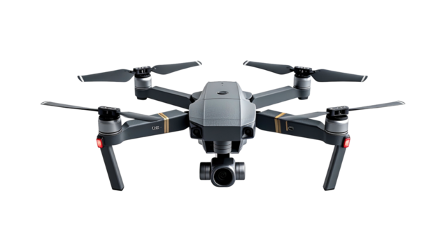 A dark gray quadcopter drone with a camera lens centered, isolated on a black background