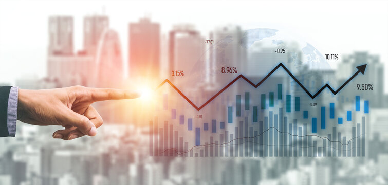A businessman elegantly points at a financial growth graph set against a modern city background, highlighting trends, data, and opportunities in market analysis. Scalp - Powered by Adobe