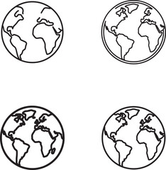 Four hand drawn outline illustrations of the earth globe showing continents and oceans