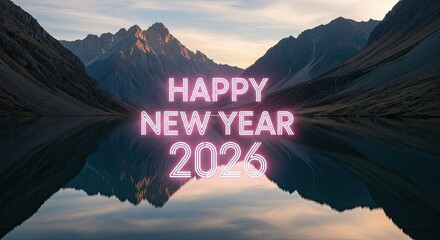 Happy New Year 2026 Mountains Lake Reflection Neon Lights