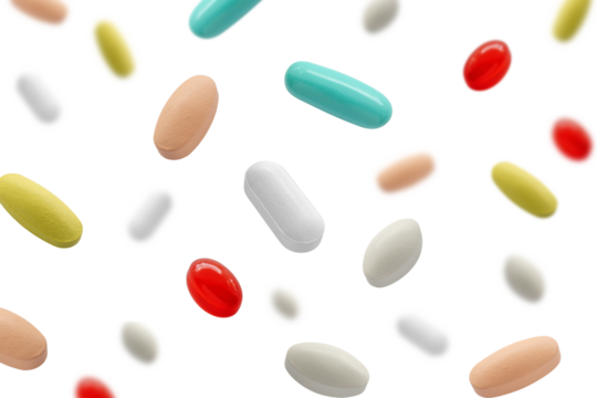 Falling medicine pills capsule isolated on white background