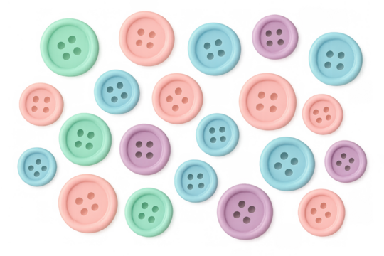 Pastel buttons scattering, creating a colorful sewing pattern for craft, fashion, and handicraft projects on transparent background