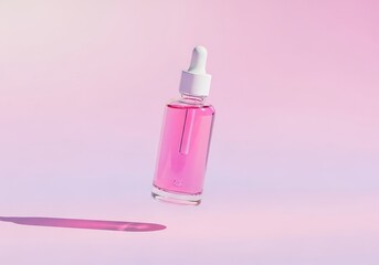 Pink serum bottle with dropper on a pink gradient background casting a soft shadow on the surface