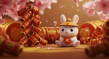 Chinese New year, Year of the Rabbit Adorable Bunny with Traditional Asian Element