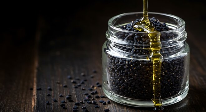 Golden oil drizzling over black cumin seeds in a clear glass jar, creating a striking contrast on a rustic wooden surface for health and wellness visuals